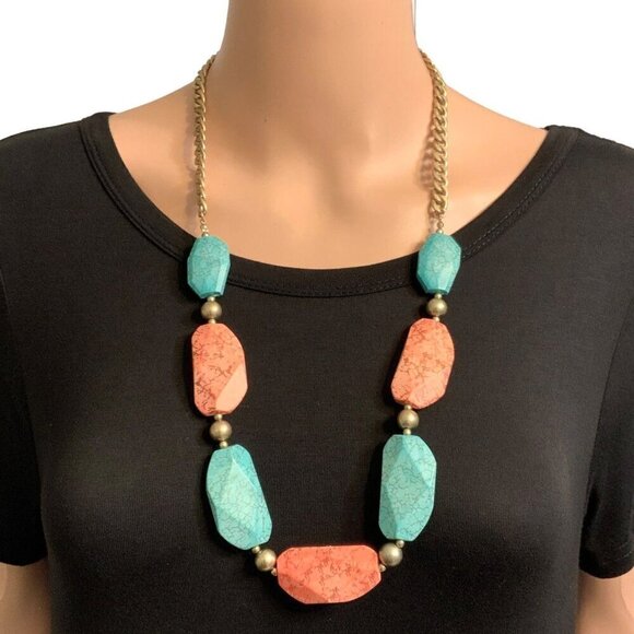 Chunky Simulated Turquoise & Coral Statement Necklace With Gold Chain & Beads - Picture 1 of 3
